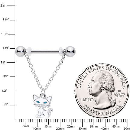 14G 9/16 Blue Eyed White Cat Dangle Barbell Nipple Ring Set