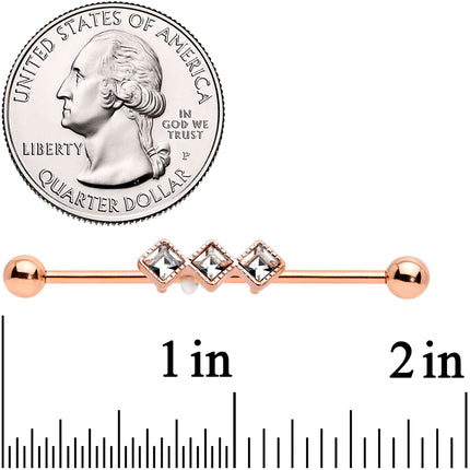 14G Clear Gem Rose Gold Hue Triple Rhombus Industrial Barbell 38mm