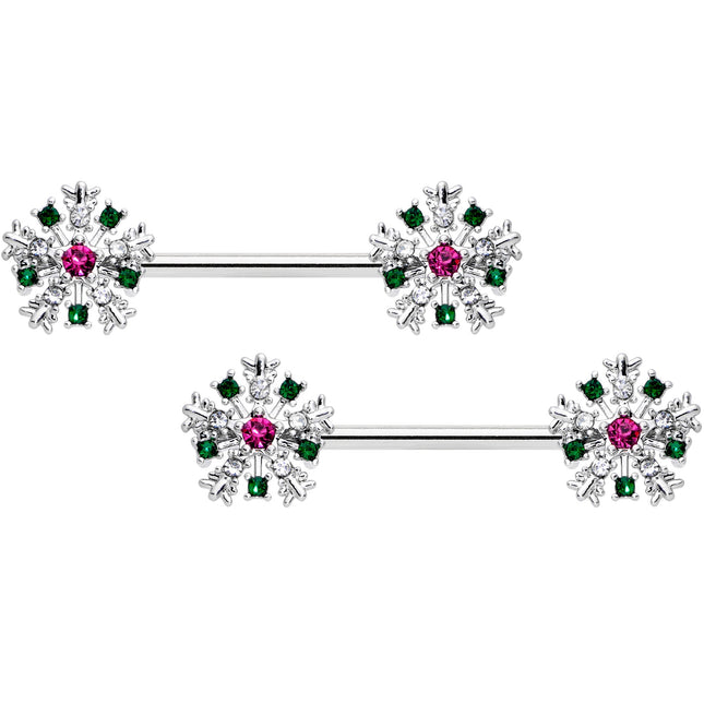 14G 9/16 Clear Pink Green Gem Snowflake Barbell Nipple Ring Set