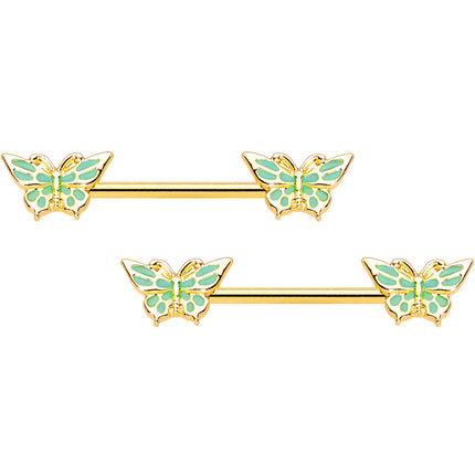14G 9/16 Gold Tone Green Inlay Butterfly Barbell Nipple Ring Set