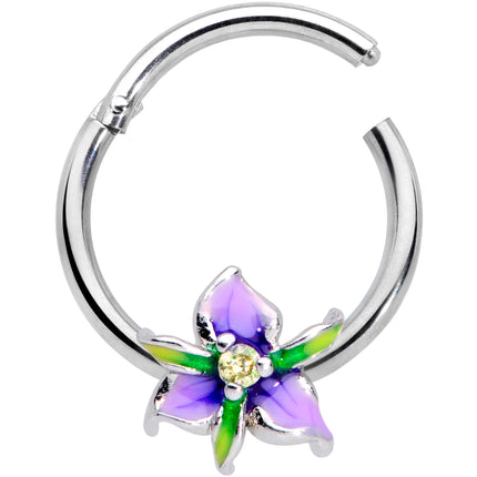 16G 3/8 Clear Gem Purple Iris Flower Hinged Segment Ring
