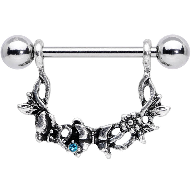 14G 9/16 Aqua Gem Abstract Bow Butterfly Dangle Nipple Ring Set