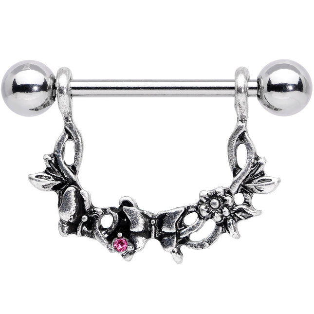 14G 9/16 Pink Gem Abstract Bow Butterfly Dangle Nipple Ring Set