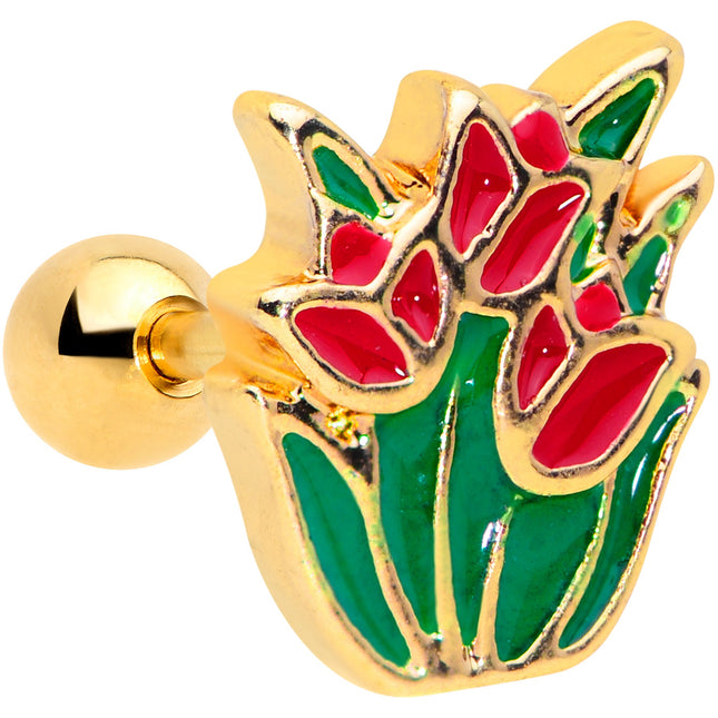 16G 1/4 Gold Tone Springtime Red Tulip Flower Cartilage Earring