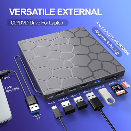 High-Speed USB 3.0 External CD/DVD Drive with Burner – Plug & Play, Windows & Mac Compatible