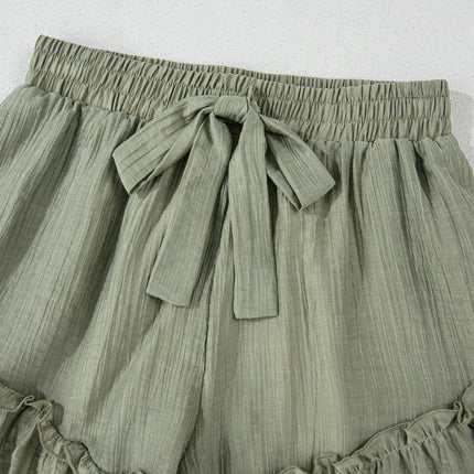 Laurel Green Textured Tie Waist Ruffle Hem Shorts
