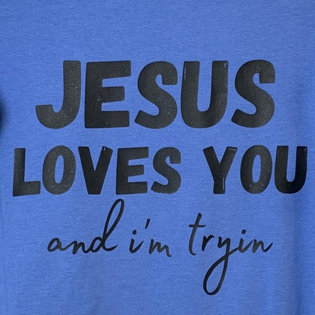 New Hand Printed Womens Small Jesus Loves You Blue Long Sleeve Crew Tee Shirt