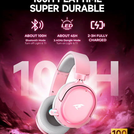 Wireless Gaming Headset, 7.1 Surround Sound, 2.4GHz USB Gaming Headphones with Bluetooth 5.4, 100H Battery, ENC Noise Canceling Mic, RGB Light, Wireless Headset for PC PS5 PS4 Mac Switch (Black-White)