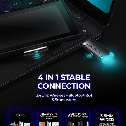 Wireless Gaming Headset, 7.1 Surround Sound, 2.4GHz USB Gaming Headphones with Bluetooth 5.4, 100H Battery, ENC Noise Canceling Mic, RGB Light, Wireless Headset for PC PS5 PS4 Mac Switch (Black-White)