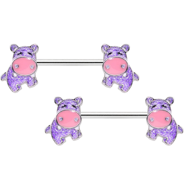 14G 9/16 Happy Purple Hippo Barbell Nipple Ring Set
