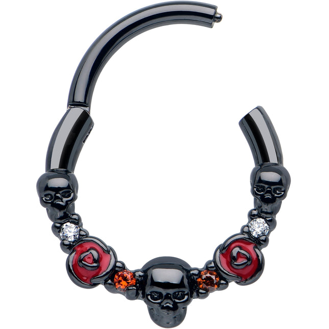 16G 3/8 Red Clear CZ Gem Black Skull Halloween Hinged Segment Ring