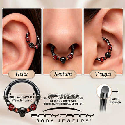16G 3/8 Red Clear CZ Gem Black Skull Halloween Hinged Segment Ring