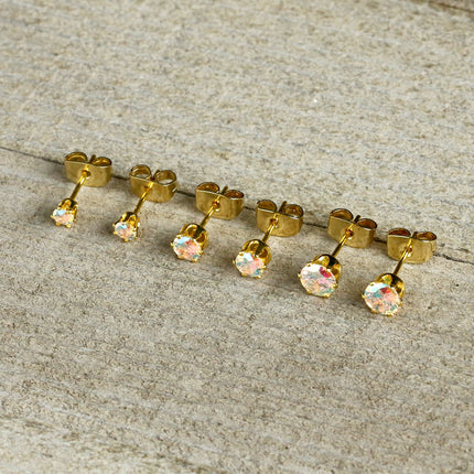 20G Aurora CZ Gem Gold Tone 3mm to 5mm Post Stud Earring Set of 3