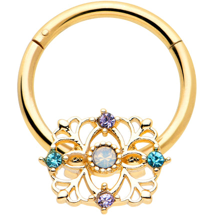 16G 3/8 White Synthetic Opal Gold Tone Web Hinged Segment Ring