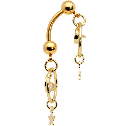 White Synthetic Opal Gold Tone Saturn Moon Double Mount Belly Ring