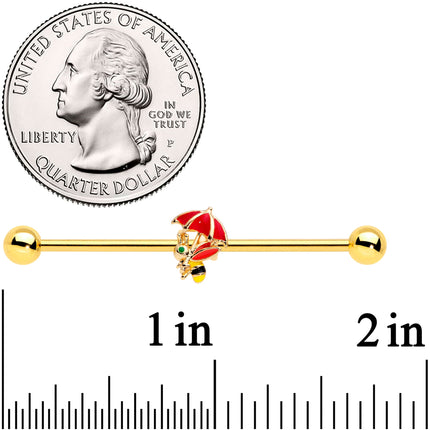 14G Gold Tone Rainy Day Umbrella Bee Industrial Barbell 38mm