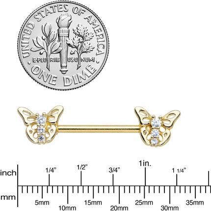 14G 9/16 Clear CZ Gem Gold Tone Open Butterfly Nipple Ring Set