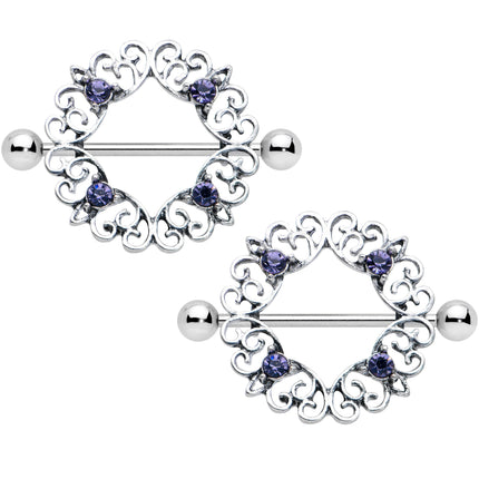 14G 9/16 Purple Gem Filigree Valentines Day Nipple Shield Set