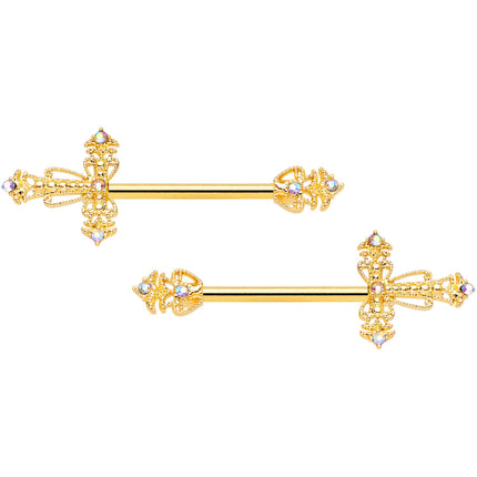 14G 9/16 Clear CZ Gem Gold Tone Scrolling Cross Nipple Ring Set