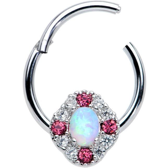 16G 3/8 White Synthetic Opal Glam Oval Hinged Segment Ring