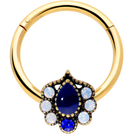 16G 3/8 Clear Blue Gem Gold Hue Heirloom Drop Hinged Segment Ring