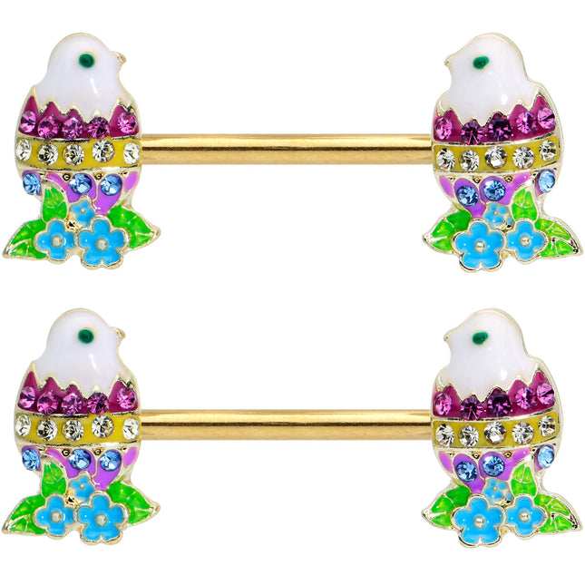 14G 9/16 Clear Blue Gem Gold Tone Easter Chick Nipple Ring Set