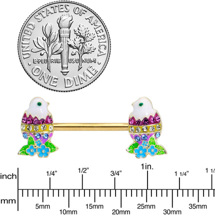 14G 9/16 Clear Blue Gem Gold Tone Easter Chick Nipple Ring Set