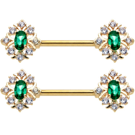 14G 1/2 Clear Green Gem Gold Hue Art Deco Barbell Nipple Ring Set