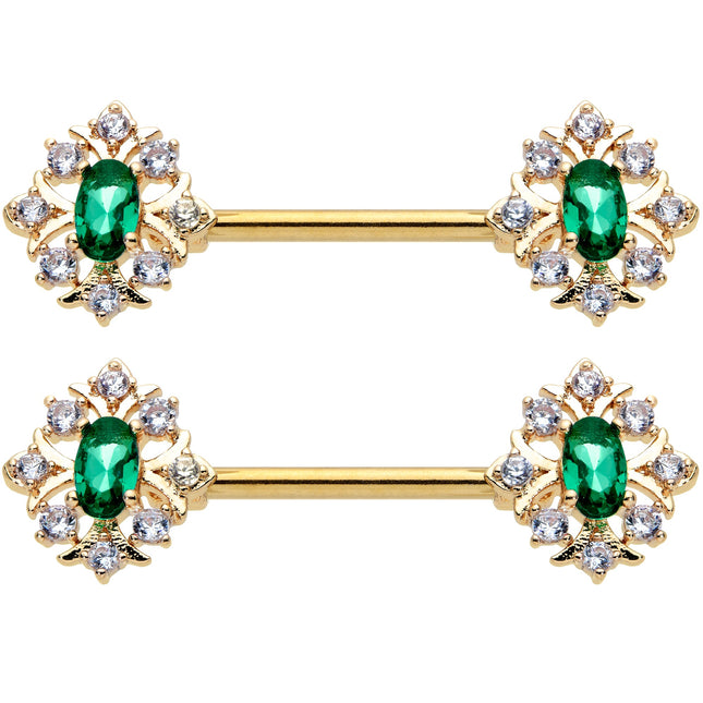 14G 1/2 Clear Green Gem Gold Hue Art Deco Barbell Nipple Ring Set