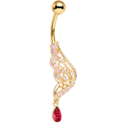 Clear Red Gem Gold Tone Airy Wing Dangle Belly Ring
