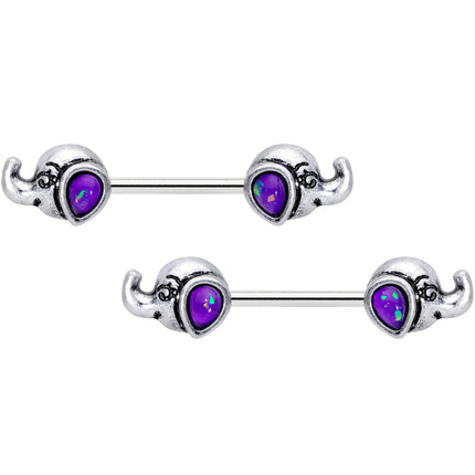 14G 9/16 Blue Faux Opal Elegant Elephant Barbell Nipple Ring Set