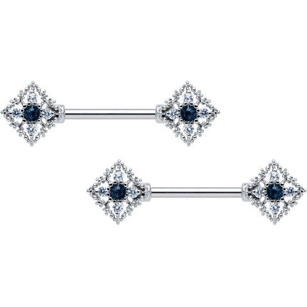 14G 9/16 Clear Blue Gem Textured Rhombus Cross Nipple Ring Set
