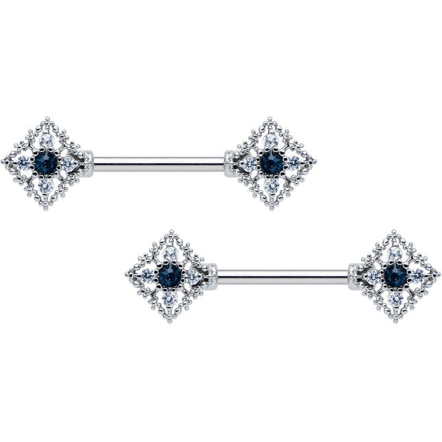 14G 9/16 Clear Blue Gem Textured Rhombus Cross Nipple Ring Set