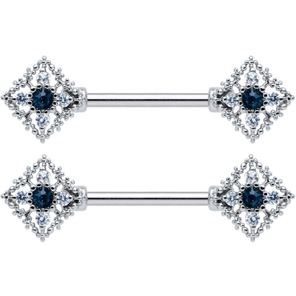 14G 9/16 Clear Blue Gem Textured Rhombus Cross Nipple Ring Set