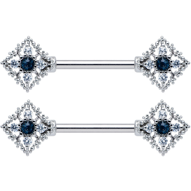 14G 9/16 Clear Blue Gem Textured Rhombus Cross Nipple Ring Set