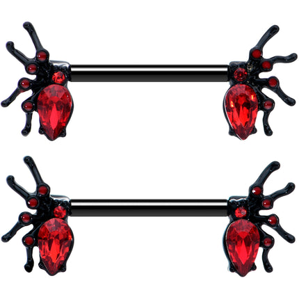 14G Red Gem Black Creep Spider Halloween Barbell Nipple Ring Set
