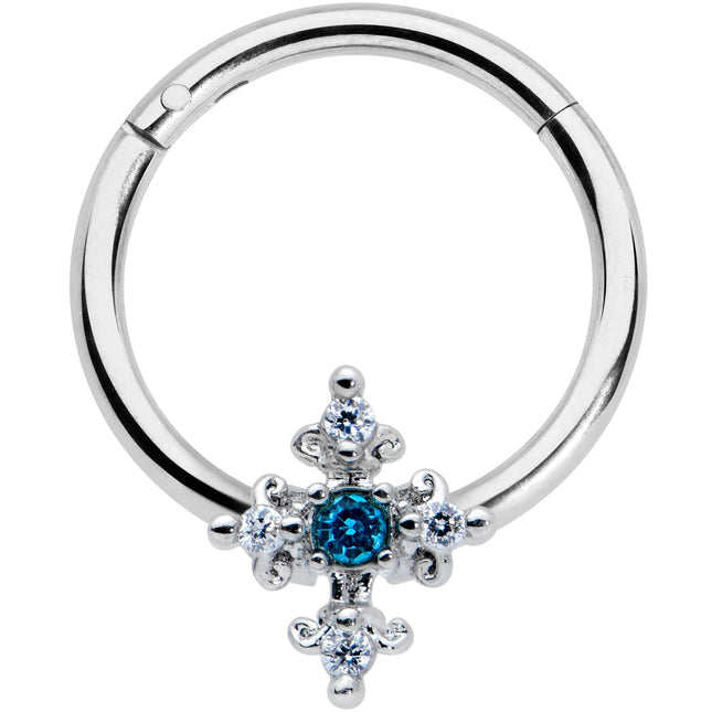 16G 3/8 Clear Blue Gem Renaissance Cross Hinged Segment Ring