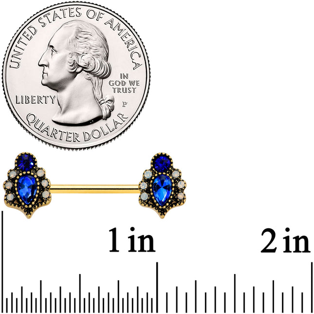 14G 9/16 Clear Blue Gem Gold Tone Heirloom Drop Nipple Ring Set