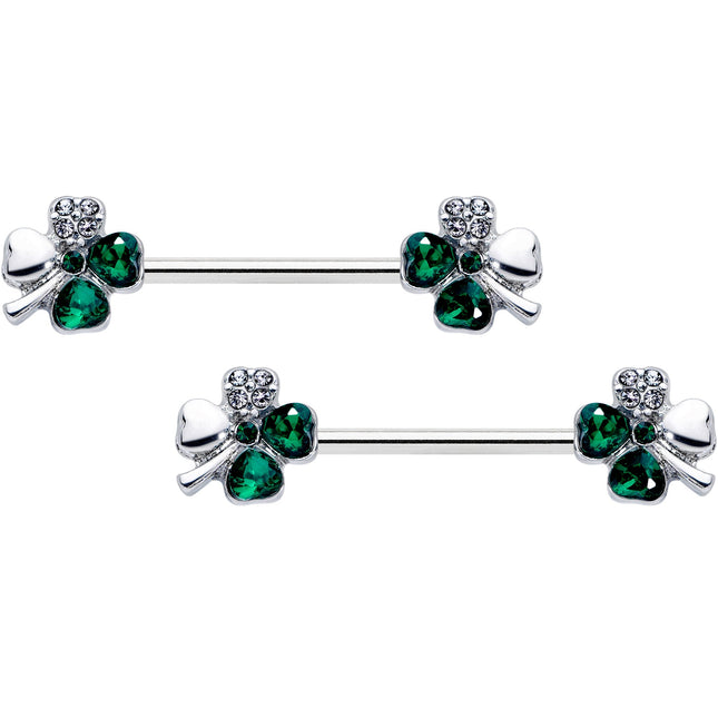 14G 9/16 Clear Green Gem Shamrock St Patricks Day Nipple Ring Set