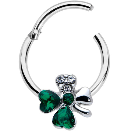 16G 3/8 Clear Green Gem Shamrock St Patricks Hinged Segment Ring