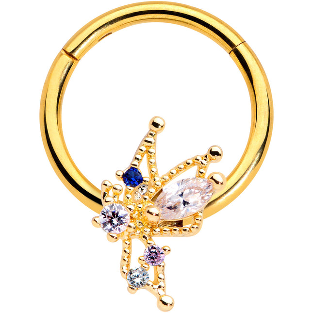 16G 3/8 Clear CZ Gem Gold Hue Angel Christmas Hinged Segment Ring