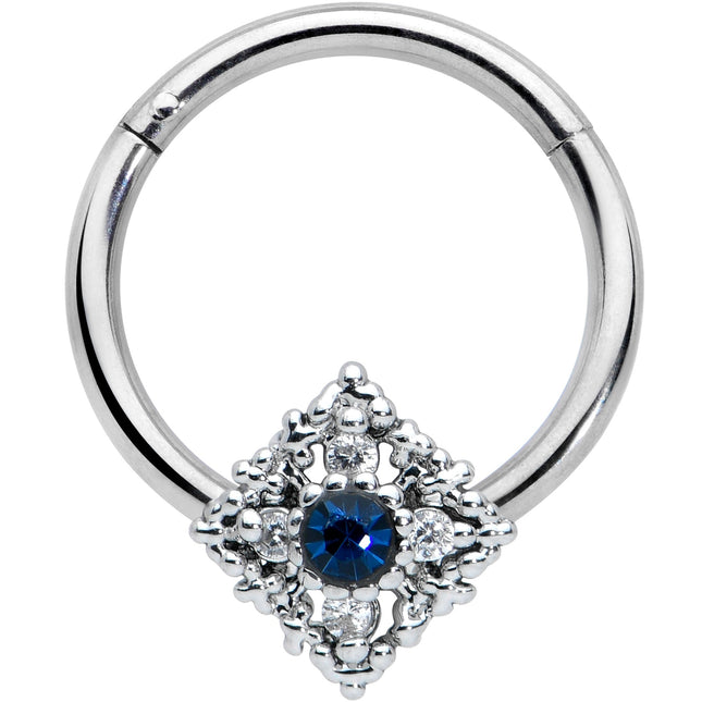 16G 3/8 Clear Blue Gem Textured Rhombus Cross Hinged Segment Ring