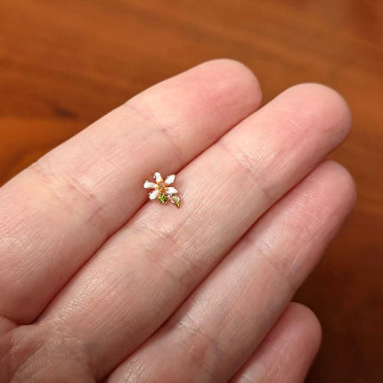 16G 1/4 Green CZ Gem Rose Gold Tone Bold Flower Labret Tragus