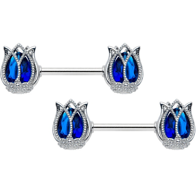 14G 9/16 Blue Gem Tulip Flower Barbell Nipple Ring Set