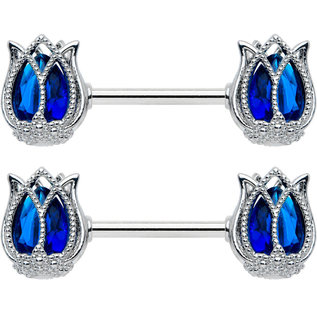 14G 9/16 Blue Gem Tulip Flower Barbell Nipple Ring Set