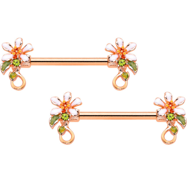 14G 9/16 Green Gem Rose Gold Tone Orange Flower Nipple Ring Set