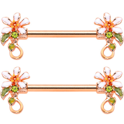 14G 9/16 Green Gem Rose Gold Tone Orange Flower Nipple Ring Set