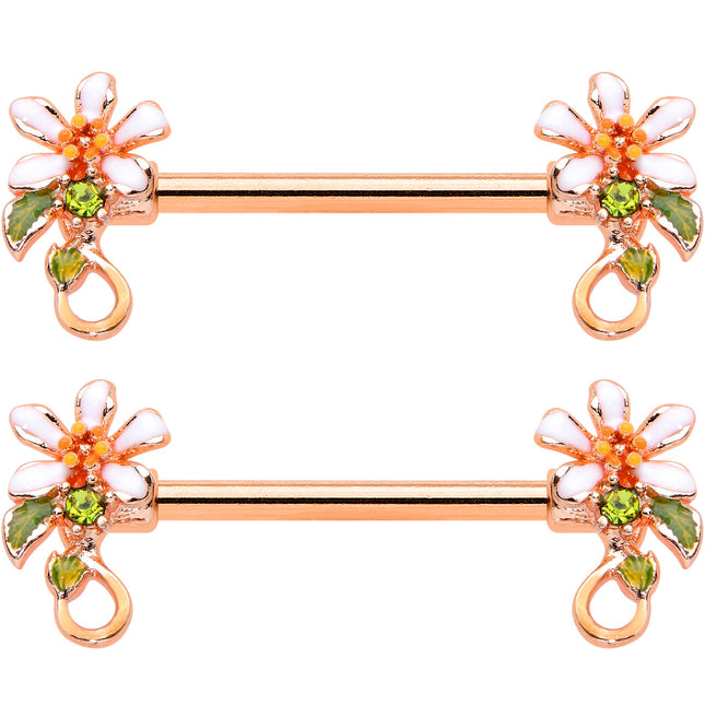14G 9/16 Green Gem Rose Gold Tone Orange Flower Nipple Ring Set
