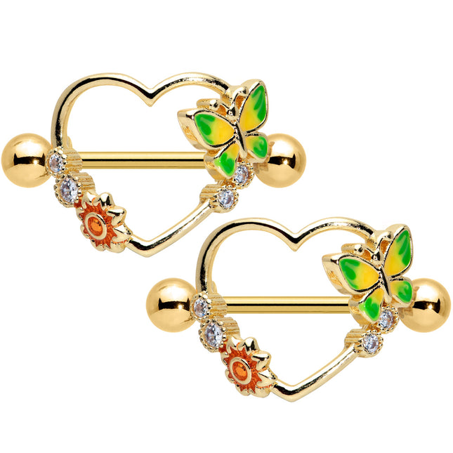 14G 9/16 Clear CZ Gem Gold Tone Butterfly Heart Nipple Shield Set