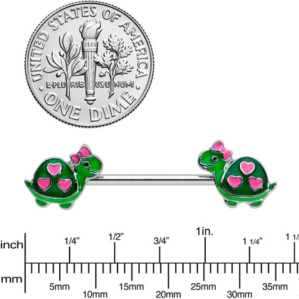 14G 9/16 Green Pink Bow Heart Turtle Barbell Nipple Ring Set